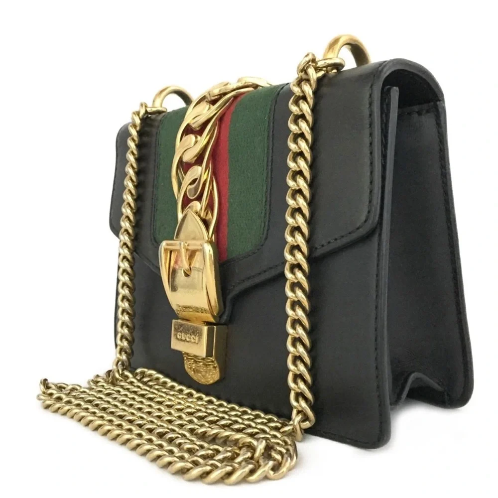 šAuthentic GUCCI Sylvie Mini Sherry Line Leather Chain Shoulder Bag Black - Picture 2 of 11